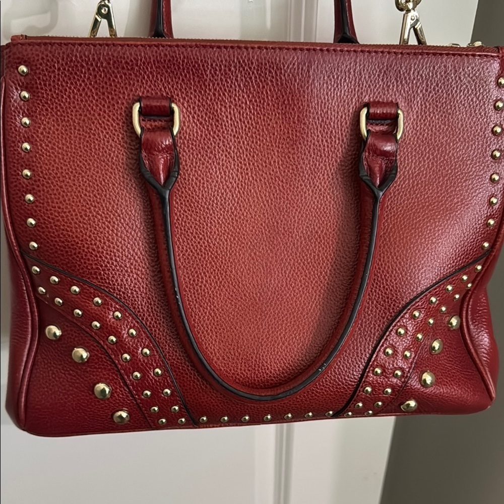 Red Studded leather Satchel with gold Accents